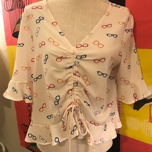 NWT Elodie Glasses Print Rouched Bell Sleeve Blouse Sz XL